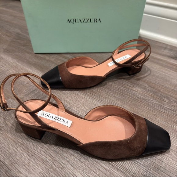 Aquazzura French Flirt Pump 35mm Espresso Suede Black Leather Cap Toe - Picture 6 of 16